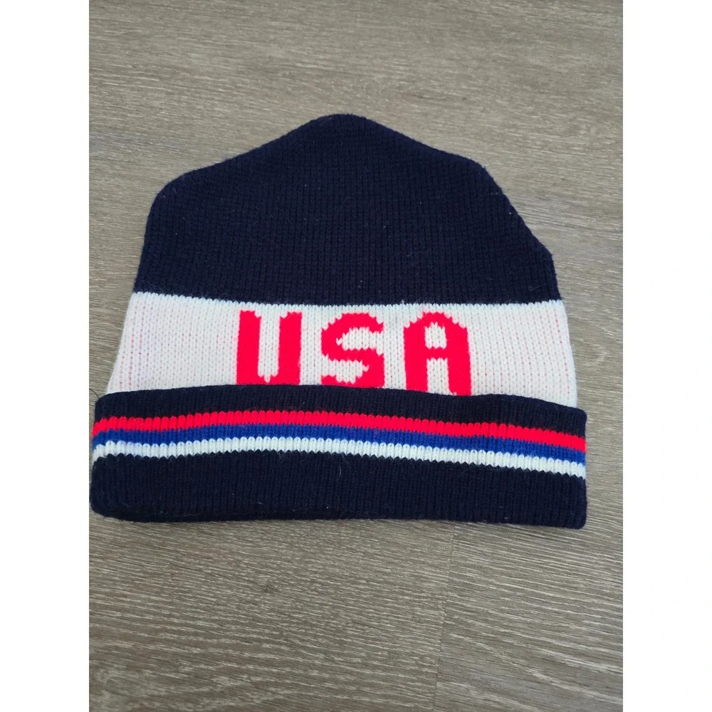 Vintage USA Knit Beanie Hat Red White Blue Patriotic Cuffed Winter Stocking Cap
